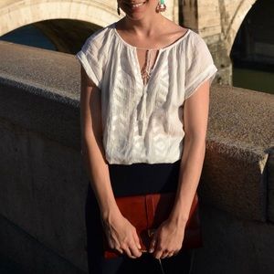 White embroidered tie front peasant Madewell top